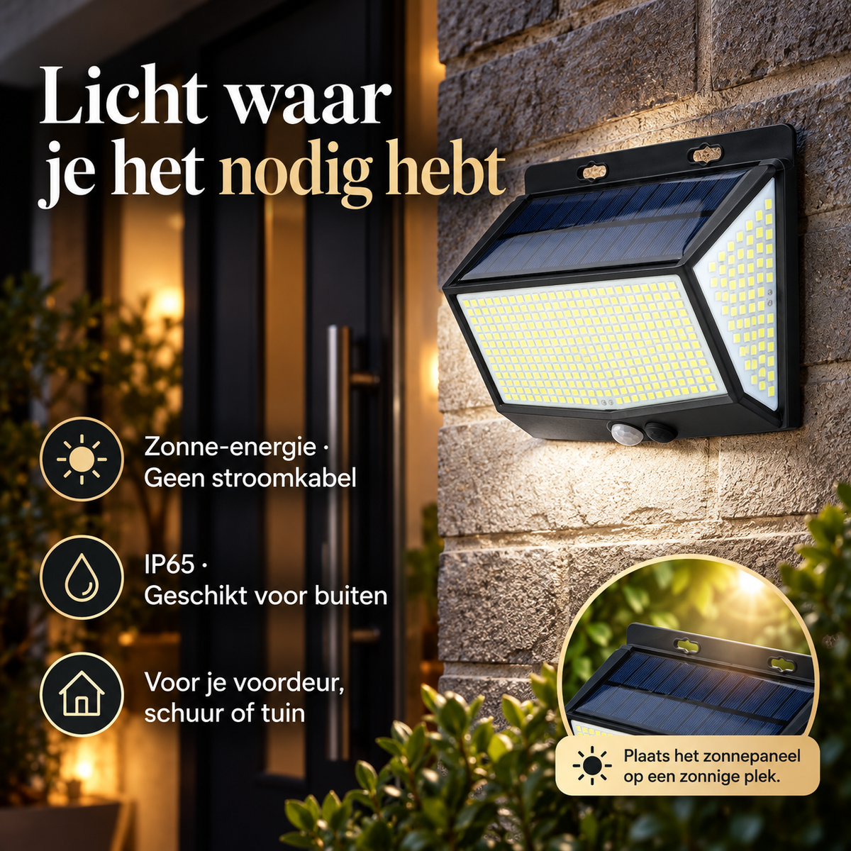 Bewegingssensor aan de voorkant van de solar LED wandlamp