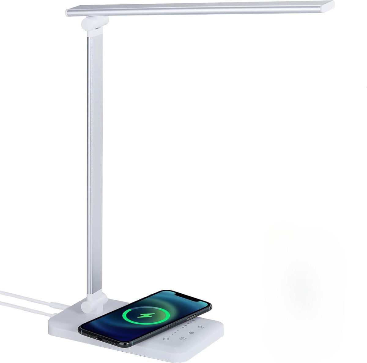 LED Desk Lamp - Dimmable - Reading Lamp - Wireless Charger - Table Lamp - White/Silver