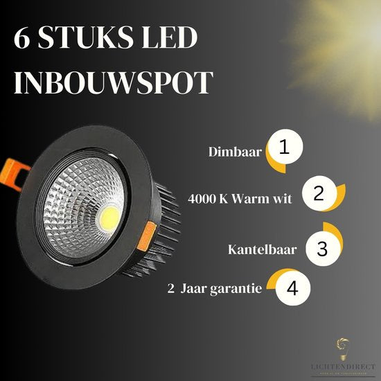 Energiezuinige LED inbouwspots, set van 6, zwart voor interieur