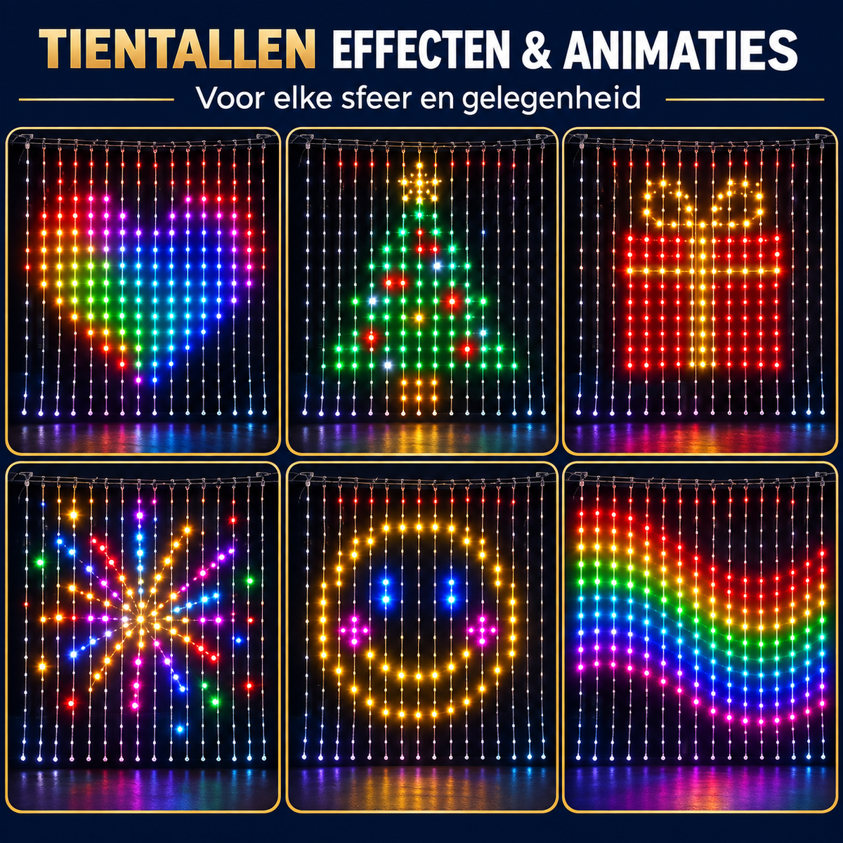 RGB lichtgordijn eenvoudig bevestigd aan een houten balk met twintig witte ophangpunten
