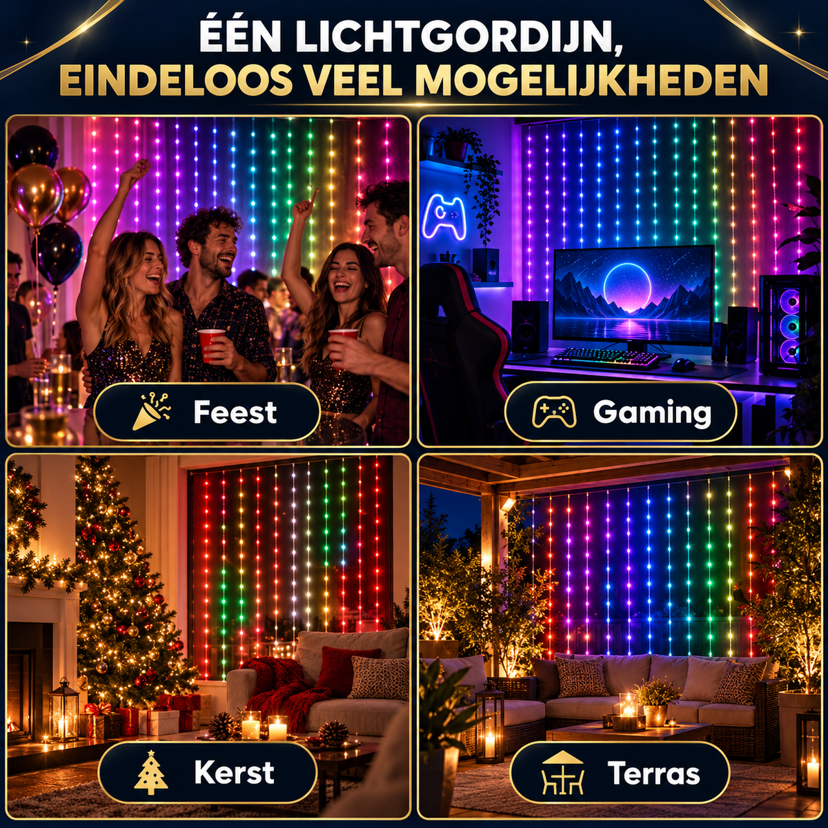 Slim RGB led lichtgordijn met kleurrijk hart en transparante kabel op donkere achtergrond
