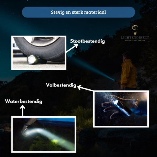 Waterbestendige en duurzame LED-zaklamp voor kamperen en noodsituaties.