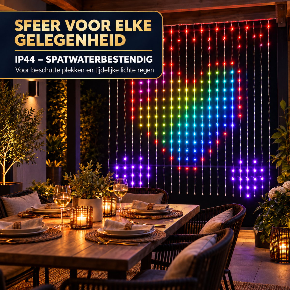 Afmetingen RGB lichtgordijn 2x2 meter met 400 leds en twintig ophangpunten