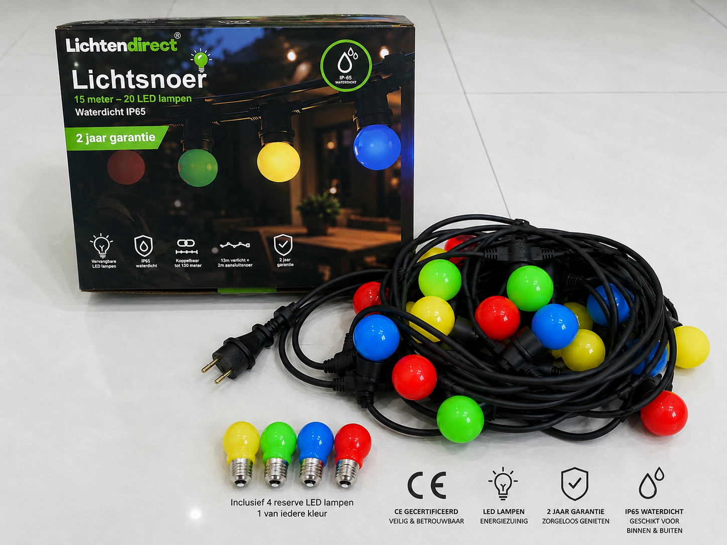 LED prikkabel buitenverlichting 15 meter met rode gele groene en blauwe lampen