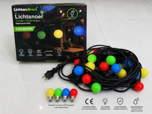 LED prikkabel buitenverlichting 15 meter met rode gele groene en blauwe lampen
