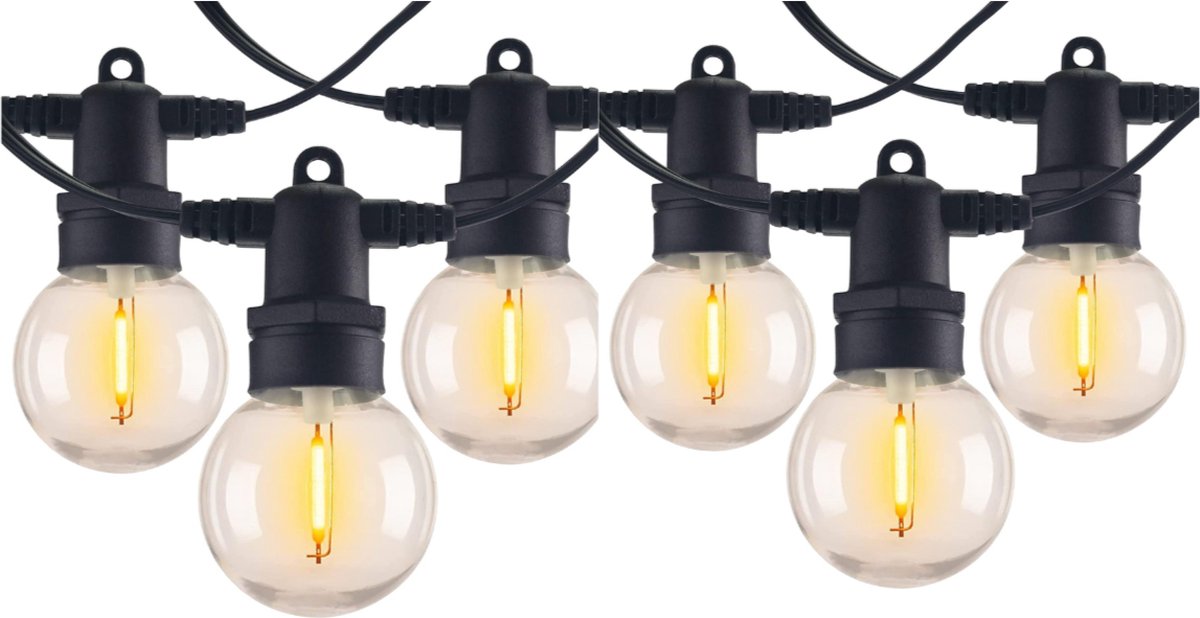 10 meter LED lichtsnoer met 20 warm witte lampjes, ideaal voor tuinverlichting en feestdecoratie.