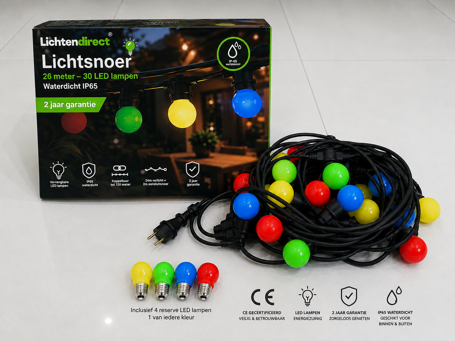 LED prikkabel buitenverlichting 26 meter met rode gele groene en blauwe lampen