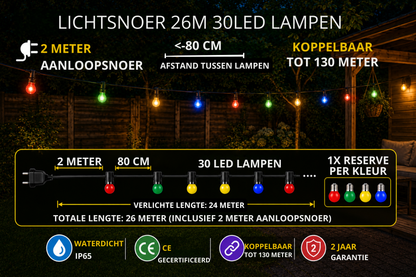Lichtendirect lichtsnoer IP65 met 30 gekleurde E27 LED lampen