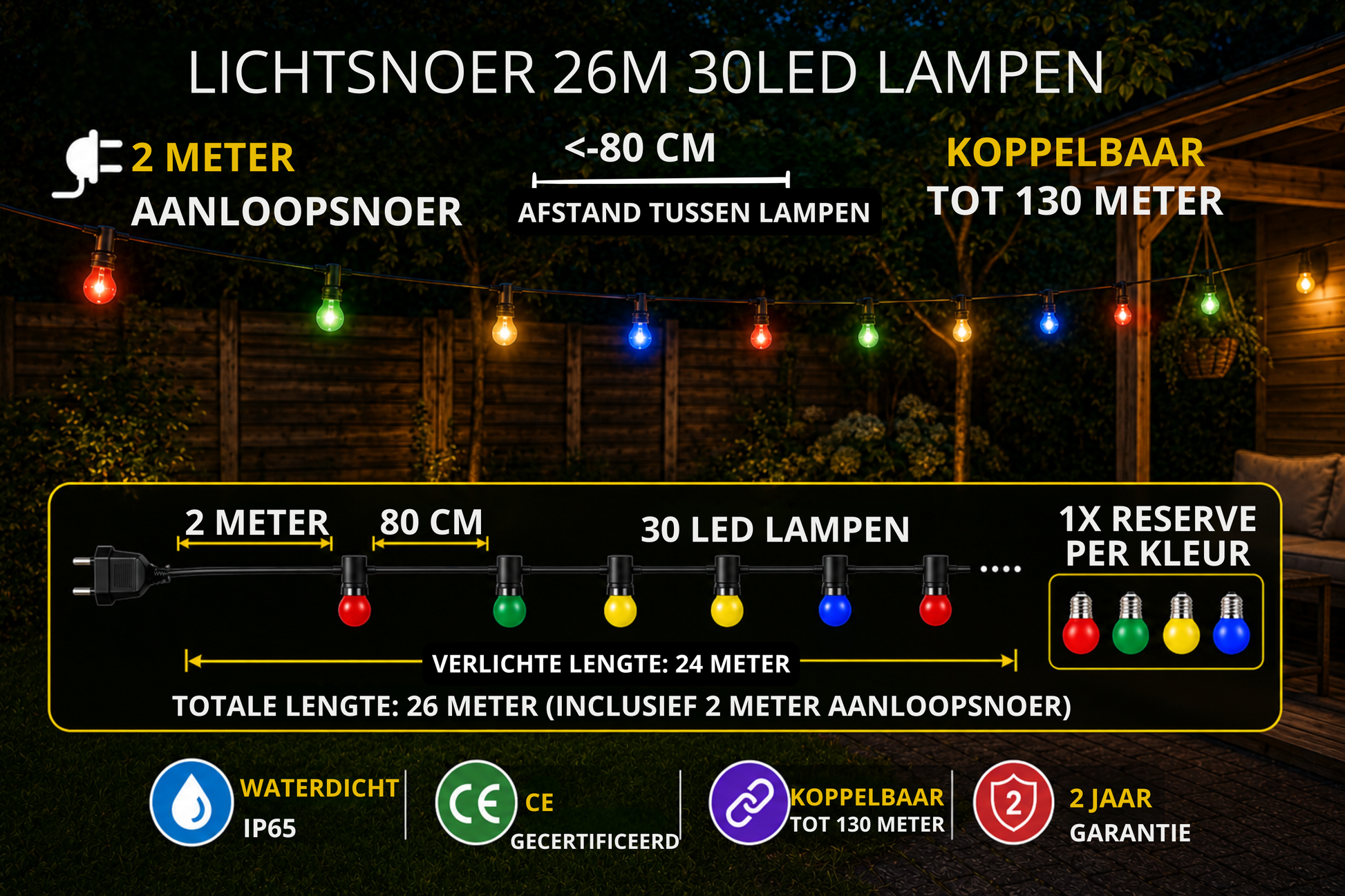 Feestverlichting buiten met 20 gekleurde E27 LED lampen en 4 reserve lampen