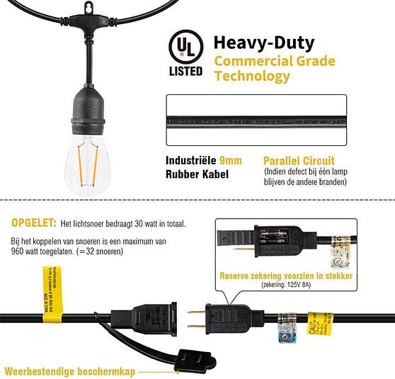 Robuust en weerbestendig lichtsnoer met 15 energiezuinige LED-lampen voor buitenverlichting