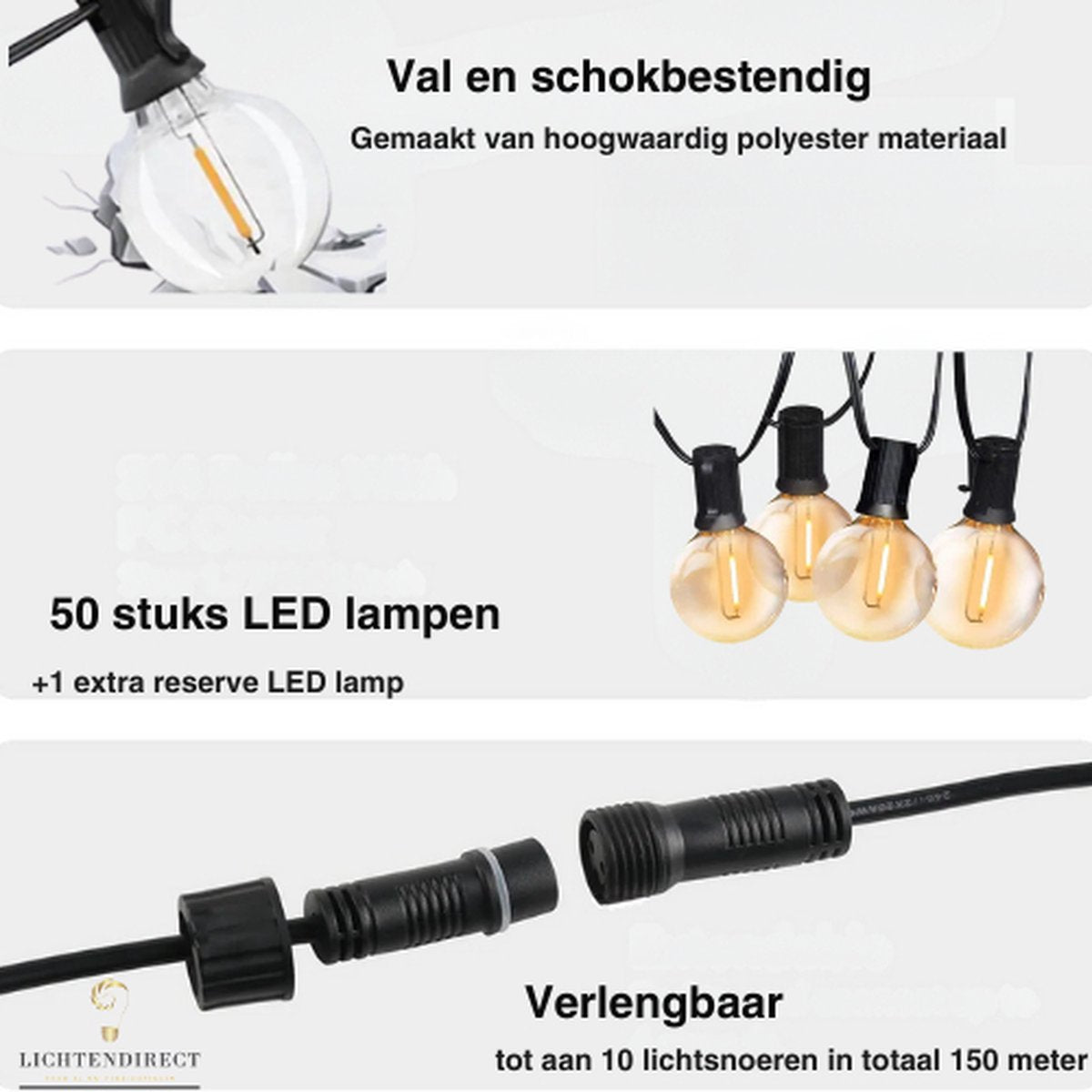 Lichtendirect lichtsnoer van 15 meter met 50 warm witte LED-lampen, perfect voor binnen- en buitenverlichting