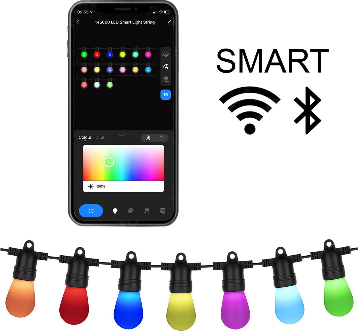 Sfeervol solar LED lichtsnoer met app-bediening en dimbare RGB-kleuren, ideaal voor tuin en terras.