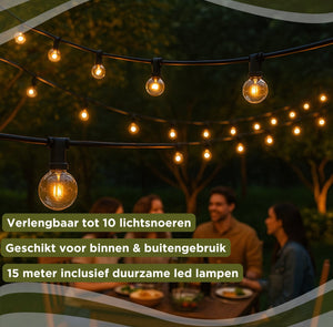 15 meter dimbaar LED lichtsnoer voor buiten met warm wit licht en afstandsbediening