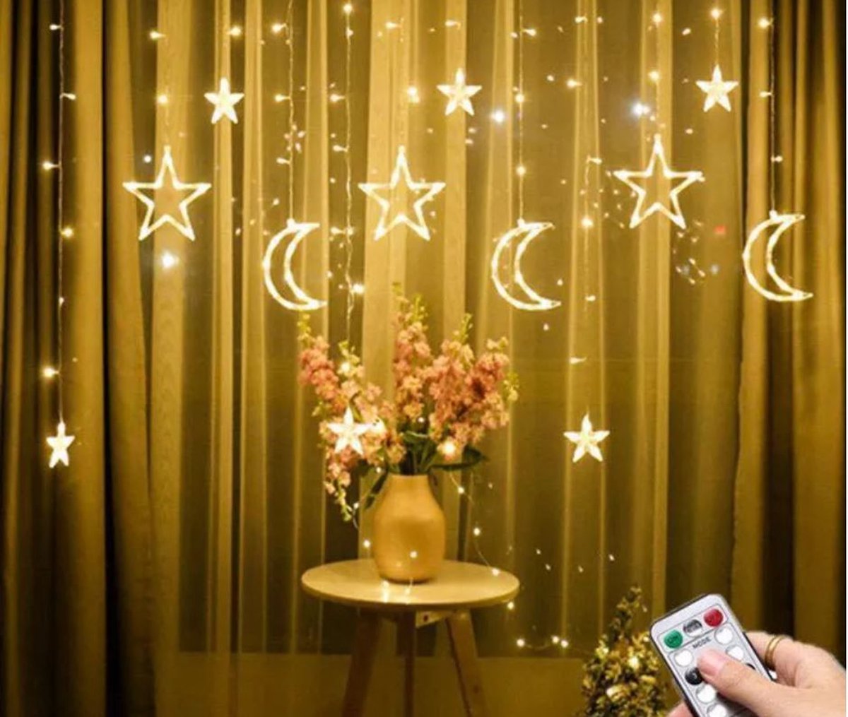 3.5 meter LED lichtslinger met sterren en maan, warm-wit licht en 8 lichtstanden, perfect voor kerst en ramadan.