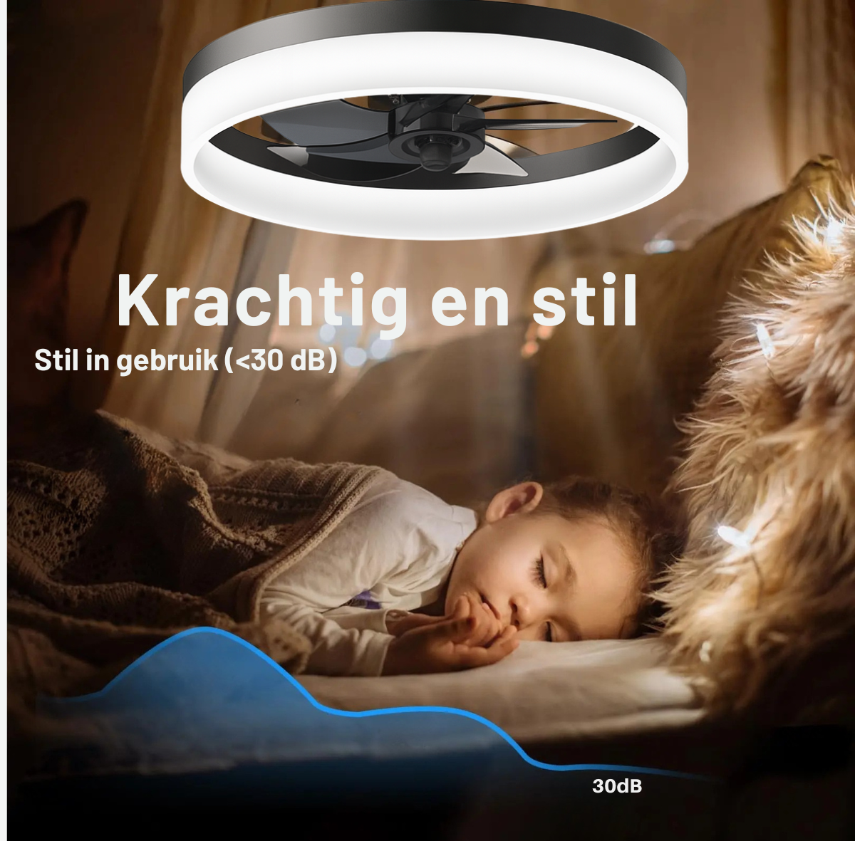 Slimme plafondventilatorlamp met dimbare verlichting en zes standen, perfect voor zomer en winter.