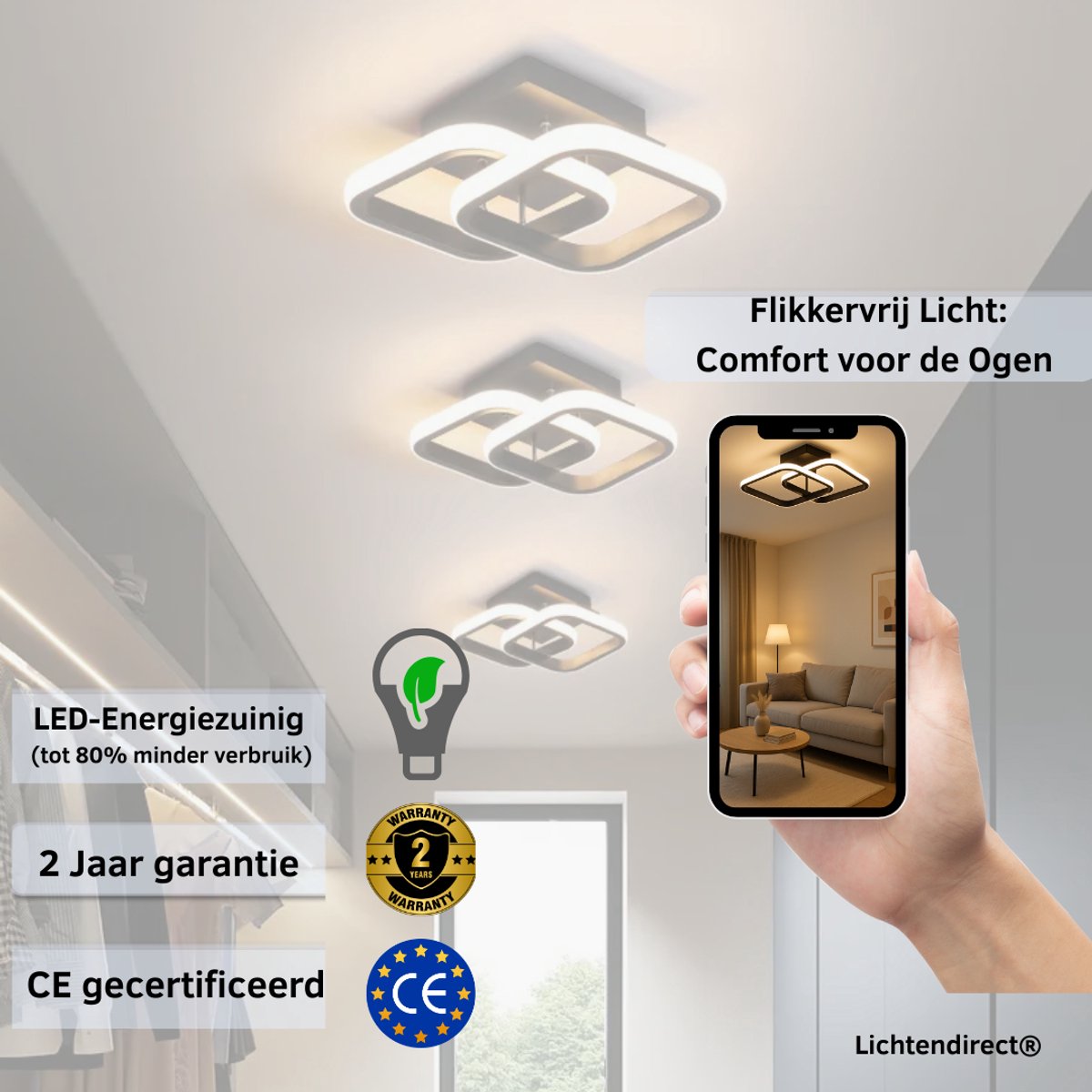LED plafondlamp met drie instelbare lichtkleuren – wit, neutraal en warm licht via wandschakelaar