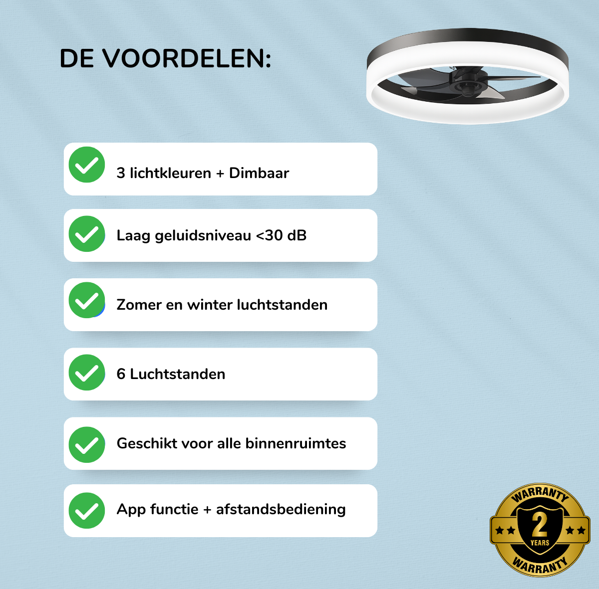LED plafondventilator met appbediening en afstandsbediening – drie lichtkleuren en stille motor.
