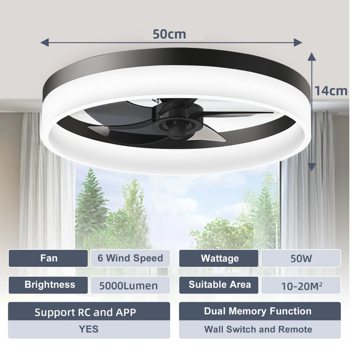 Zwarte LED plafondlamp met ventilator – stijlvolle oplossing voor verkoeling en verlichting in één.
