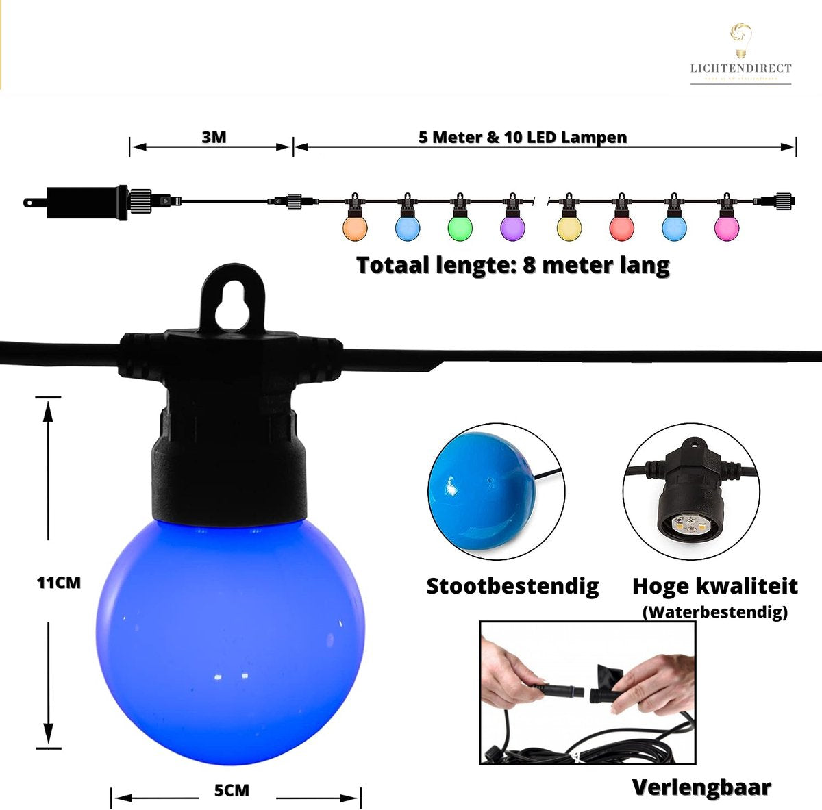 Verlengbaar prikkabel met 8 meter lengte en 10 LED-lampen voor sfeervolle tuinverlichting