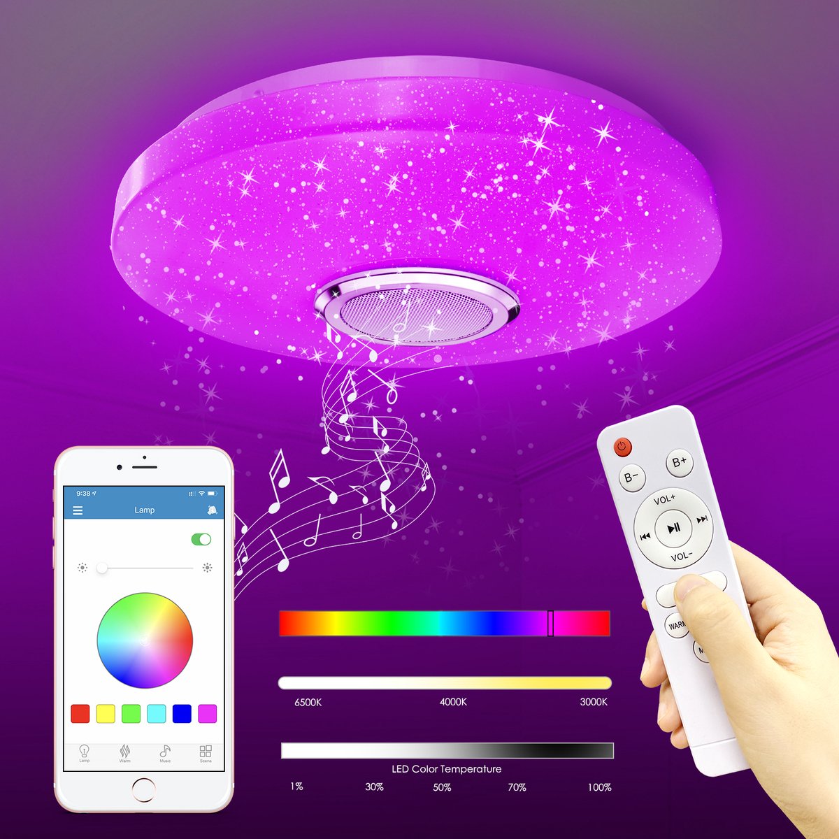 Smart LED plafondlamp met instelbare lichtkleur en helderheid en ingebouwde speaker