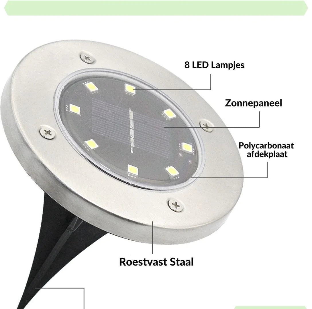 8 LED-lampjes in elke solar grondspot zorgen voor sfeervol licht in uw tuin