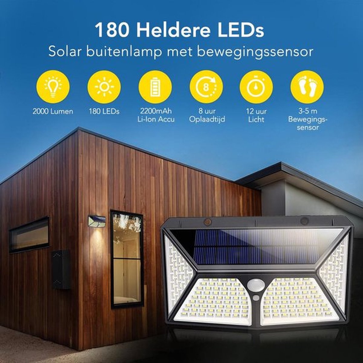 Deze buiten wandlamp met 180 LED's heeft een zonnepaneel en lithium-ion accu, biedt 3 verschillende standen voor verlichting en bewegingsdetectie