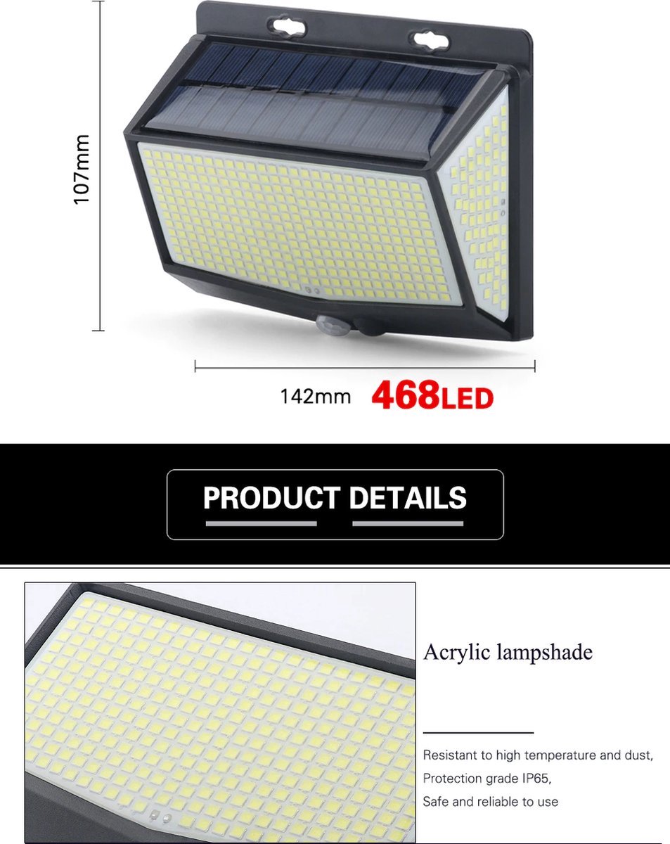 Solar LED Buiten Lamp - 468 LED Verlichting - Verlichting op Zonne-Energie IP-65 - LED