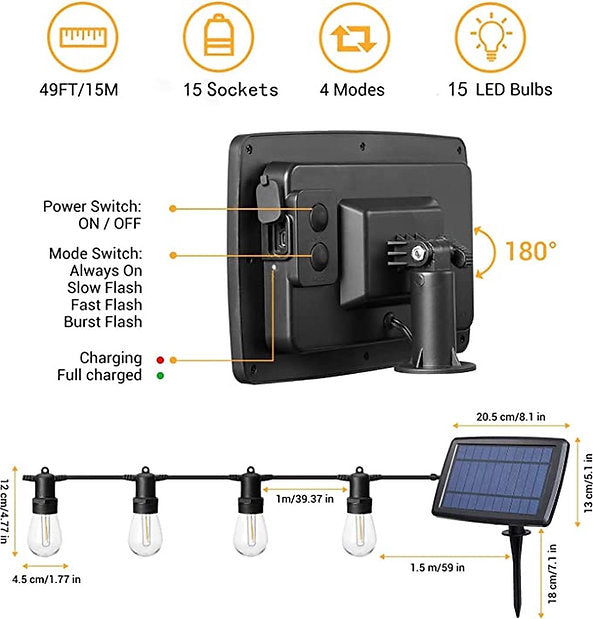 Solar Lichtsnoer 15M zonne energie buitenverlichting tuinverlichting prikkabel - Lichtsnoer - Solar - Verlichting