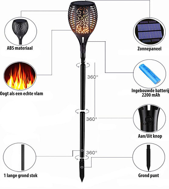 Solar Tuin Fakkel 33LED  4 Stuks LED zonne-energie + gratis led grond spot  - Tuinfakkel - Solar