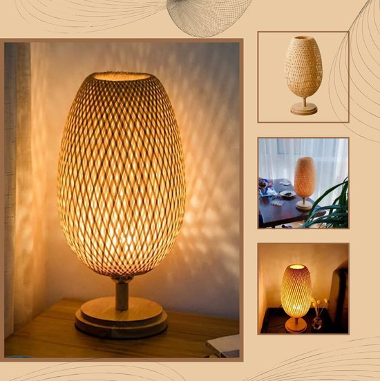 GUANSHAN Handgeweven Bamboe Kunst Tafellamp Rustieke Bamboe Lampenkap Bedlampje Atmosfeer Nachtlampje Tafelverlichting Decoratieve Tafellamp voor Slaapkamer, Woonkamer GUANSHAN Handgeweven Bamboe Kunst Tafellamp Rustieke Bamboe Lampenkap Bedlampje Atmosfeer Nachtlampje Tafelverlichting Decoratieve Tafellamp voor Slaapkamer, Woonkamer