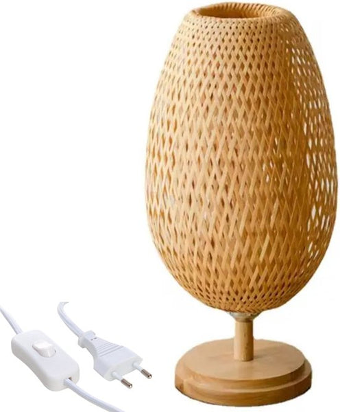 GUANSHAN Tafellamp van bamboeweefsel, bamboe lampenkap, tafelverlichting, decoratieve tafelverlichting, nachtlampje voor slaapkamer, woonkamer, drukknopschakelaar, stijl 2