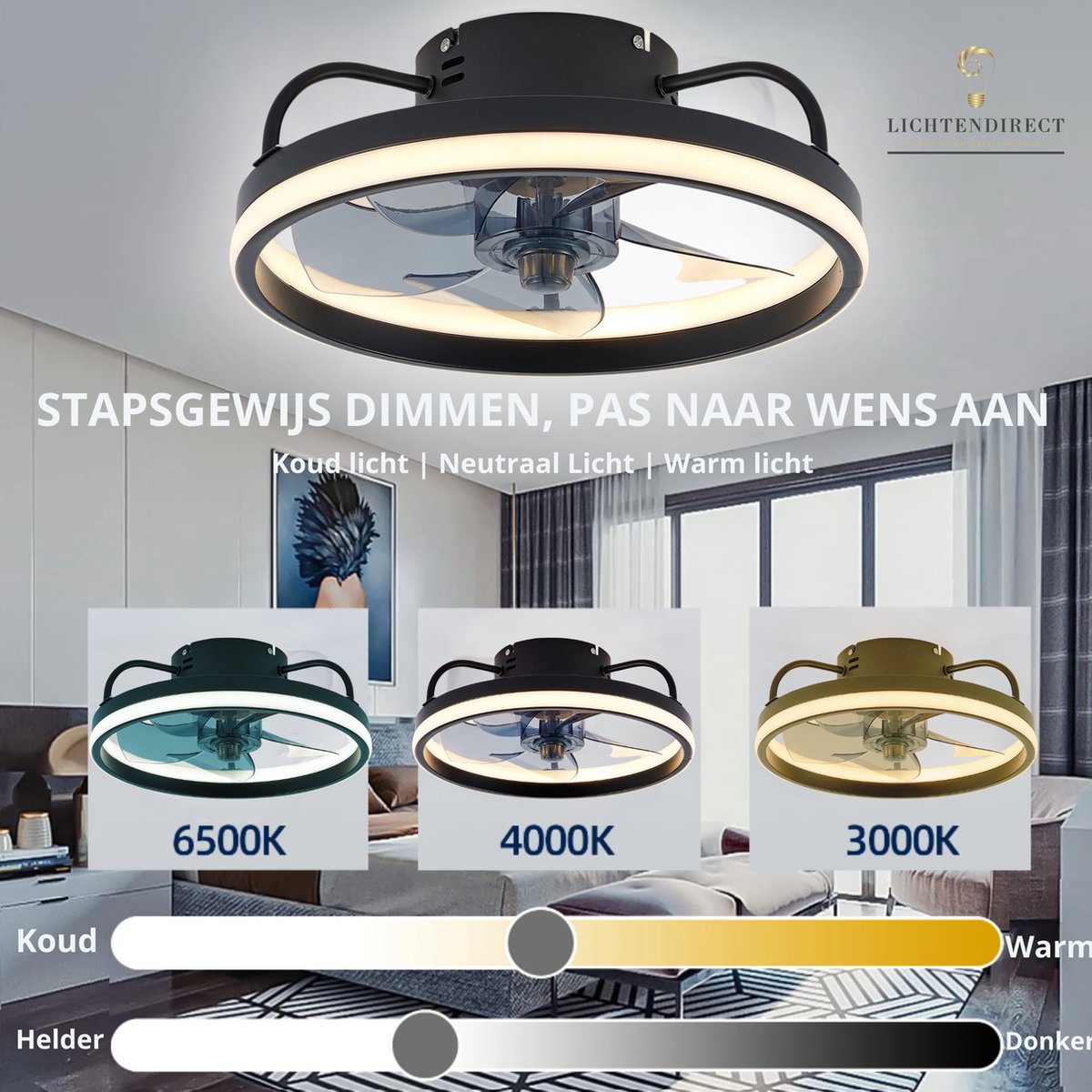 Moderne LED plafondventilator met zes ventilatorstanden en stille werking.
