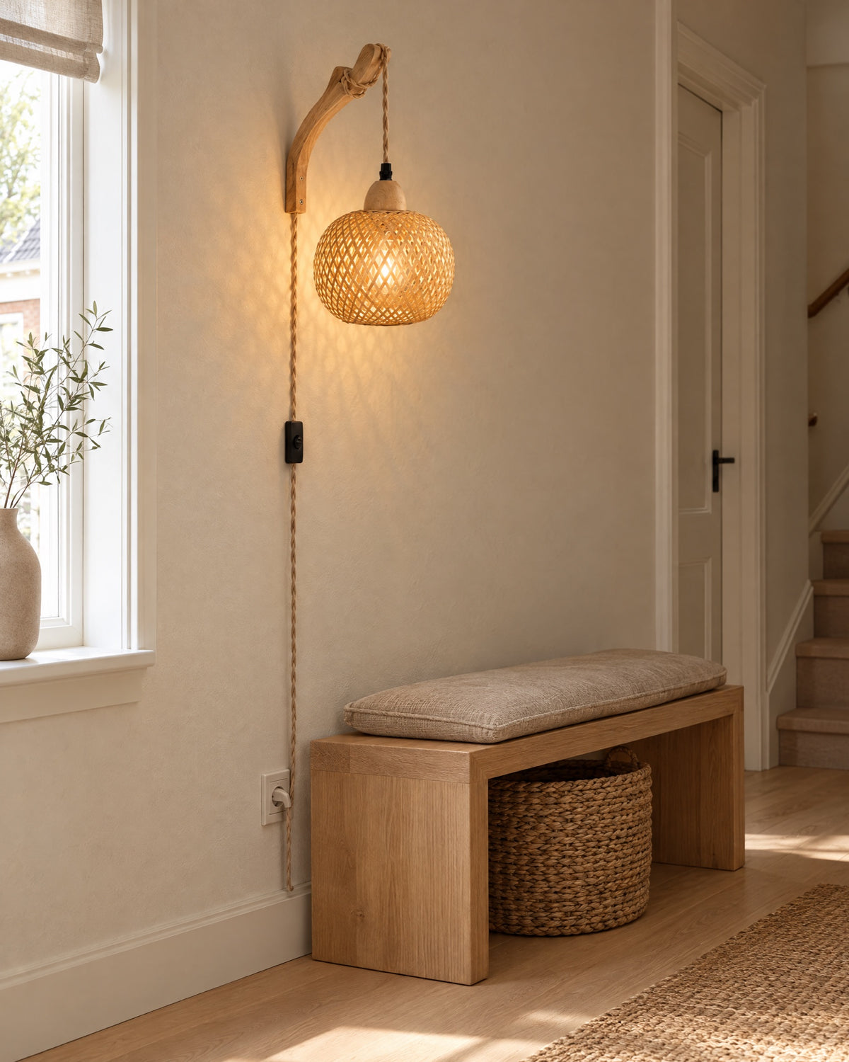 Bamboe wandlamp in een lichte hal boven een houten bankje, overdag