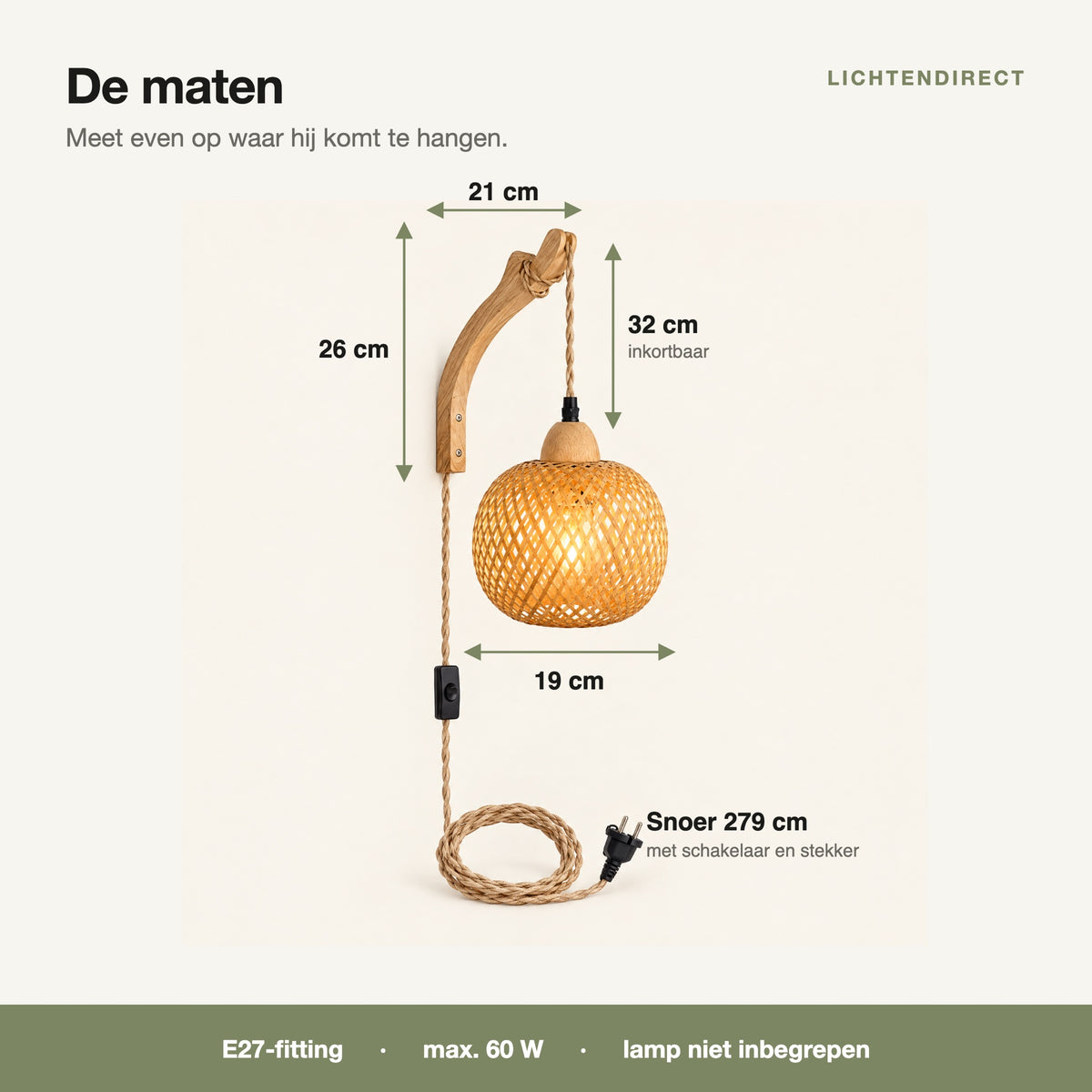 Maattekening bamboe wandlamp: arm 21 x 26 cm, ophangdraad 32 cm, kap 19 cm, snoer 279 cm