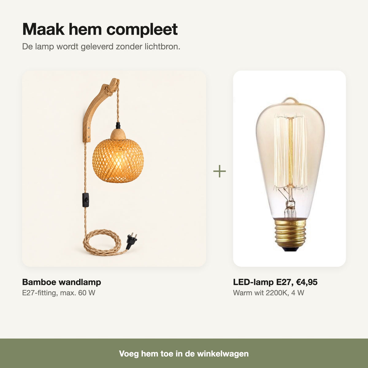 Bamboe wandlamp met de bijpassende warmwitte E27-ledlamp van Lichtendirect