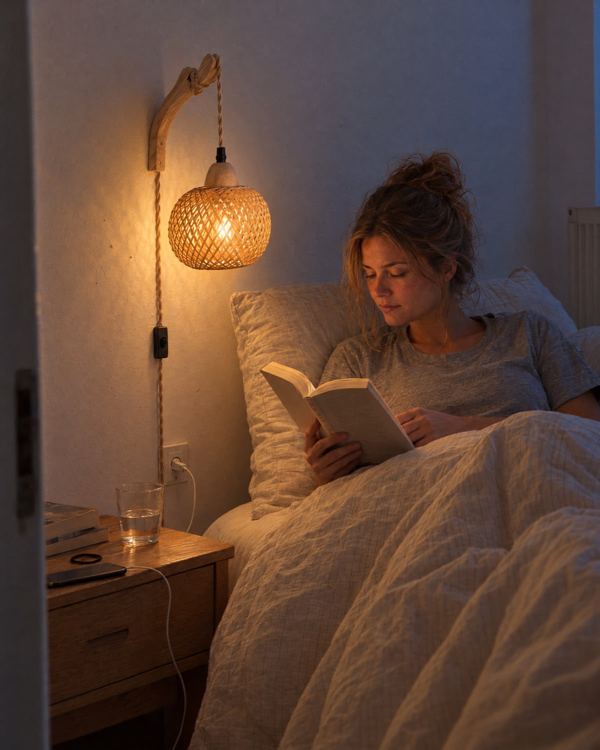 Vrouw leest 's avonds in bed bij het licht van de bamboe wandlamp naast haar hoofd