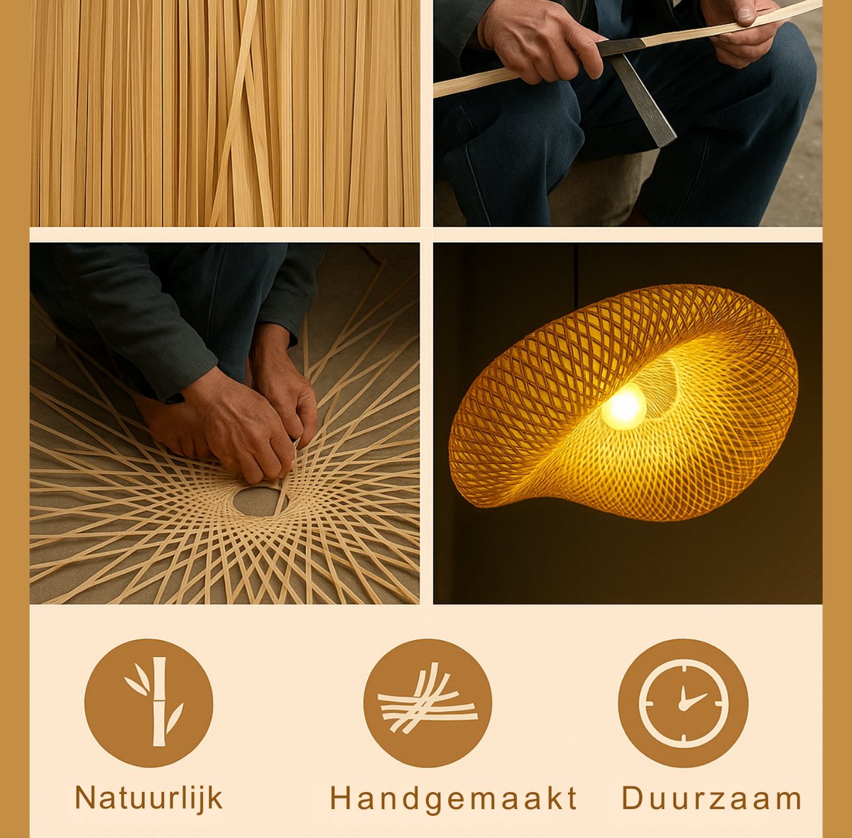 Bamboe plafondlamp boven eettafel, handgemaakt en CE-gecertificeerd