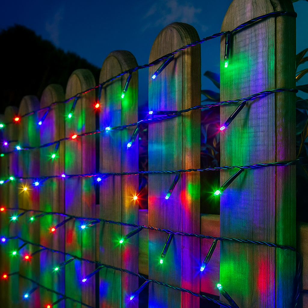 RGB lichtsnoer buiten aan houten schutting – multicolor LED verlichting voor tuin en terras