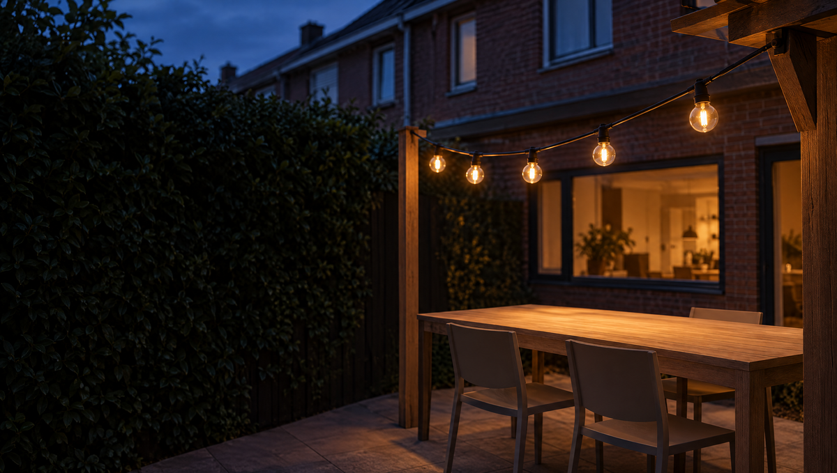 Lichtsnoer met heldere bollen boven een terras bij een Nederlandse tuin in de herfst