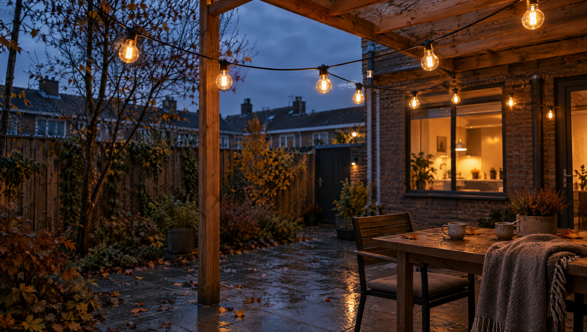 Lichtsnoer met warme filamentlampen onder een houten overkapping in een Nederlandse achtertuin op een herfstavond