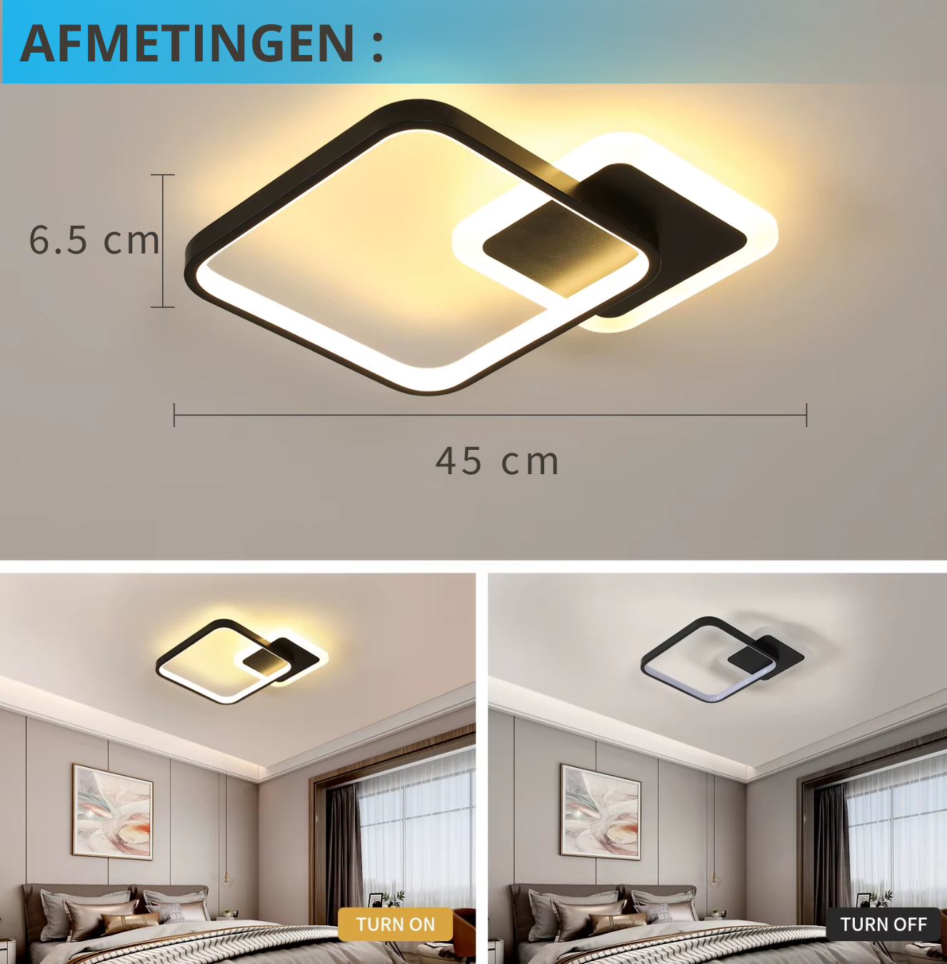 Installatie plafondlamp – afmetingen 45 × 45 × 6,5 cm – direct klaar voor gebruik