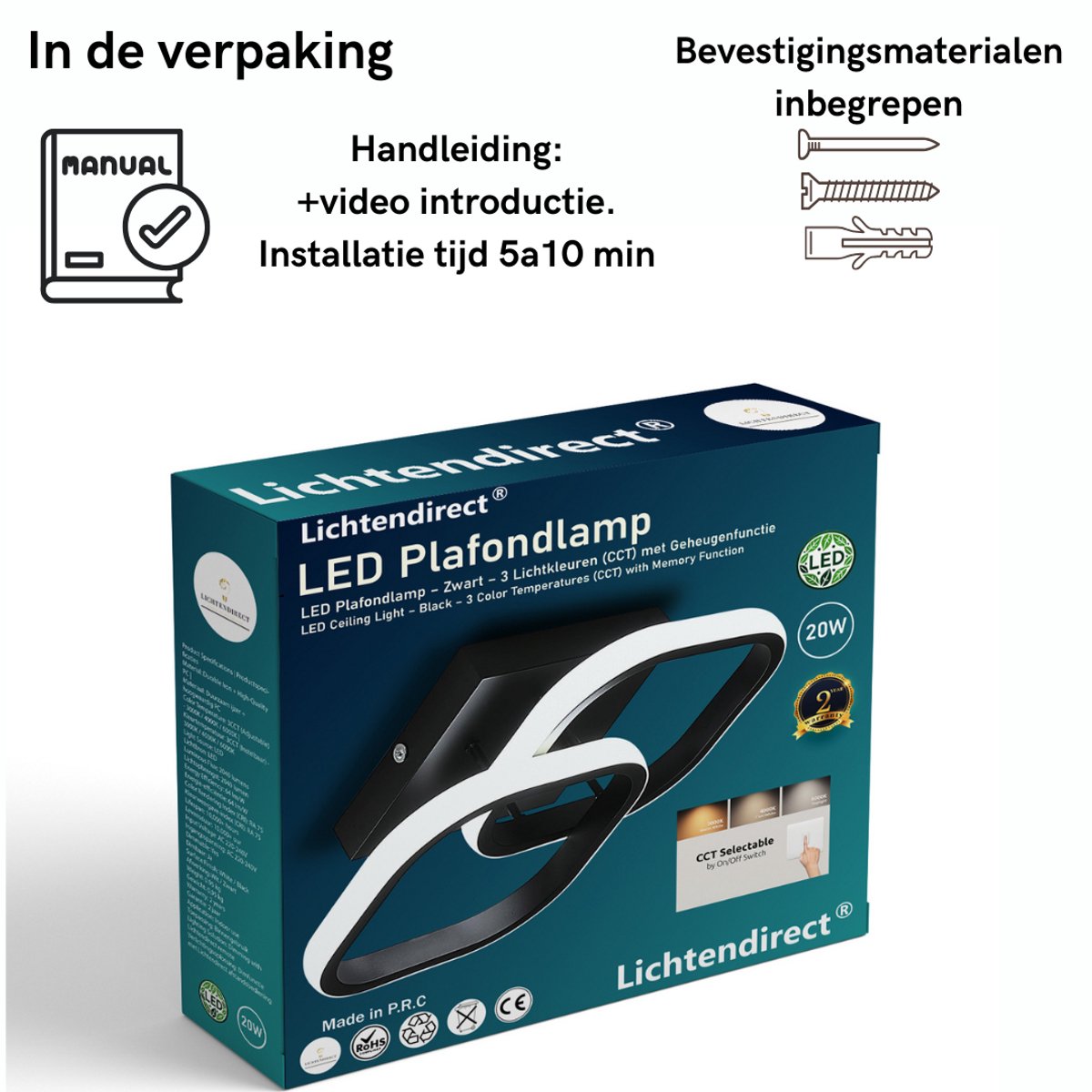 Installatiehandleiding en montagemateriaal bij 20W LED plafonniere meegeleverd