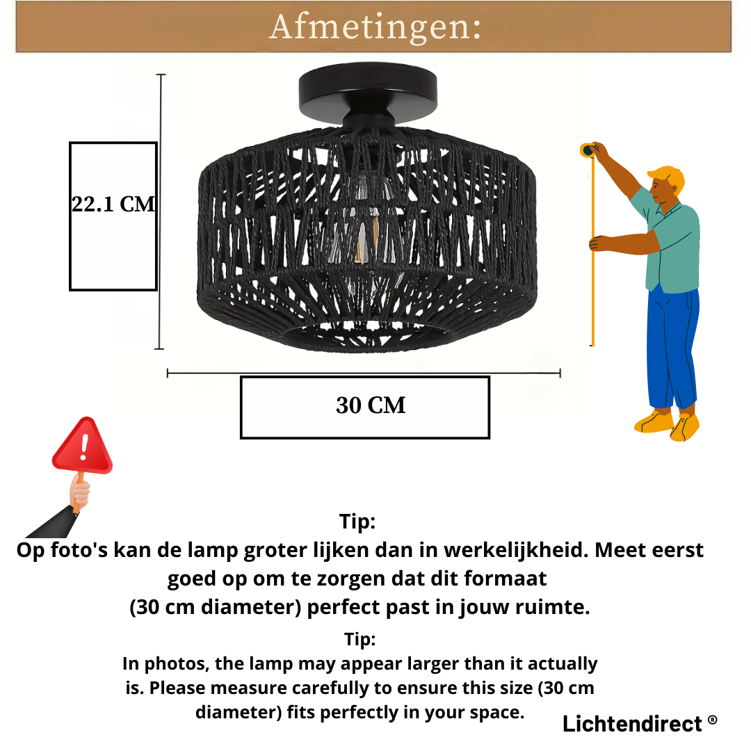 Plafondlamp zwart bamboe – 22,1 cm hoog, ideaal voor slaapkamer of woonkamer
