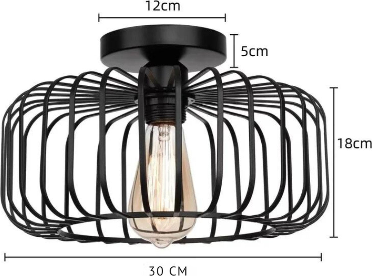 Industriële plafondlamp van metaal, veelzijdig te gebruiken als plafonnière of hanglamp.