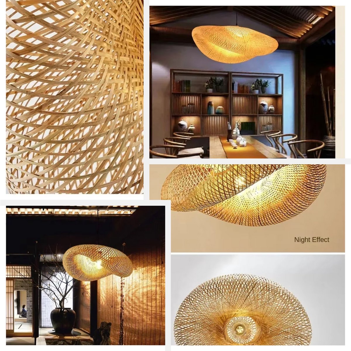 Bamboe hanglamp plafondlamp met verstelbaar snoer en warme lichtuitstraling.