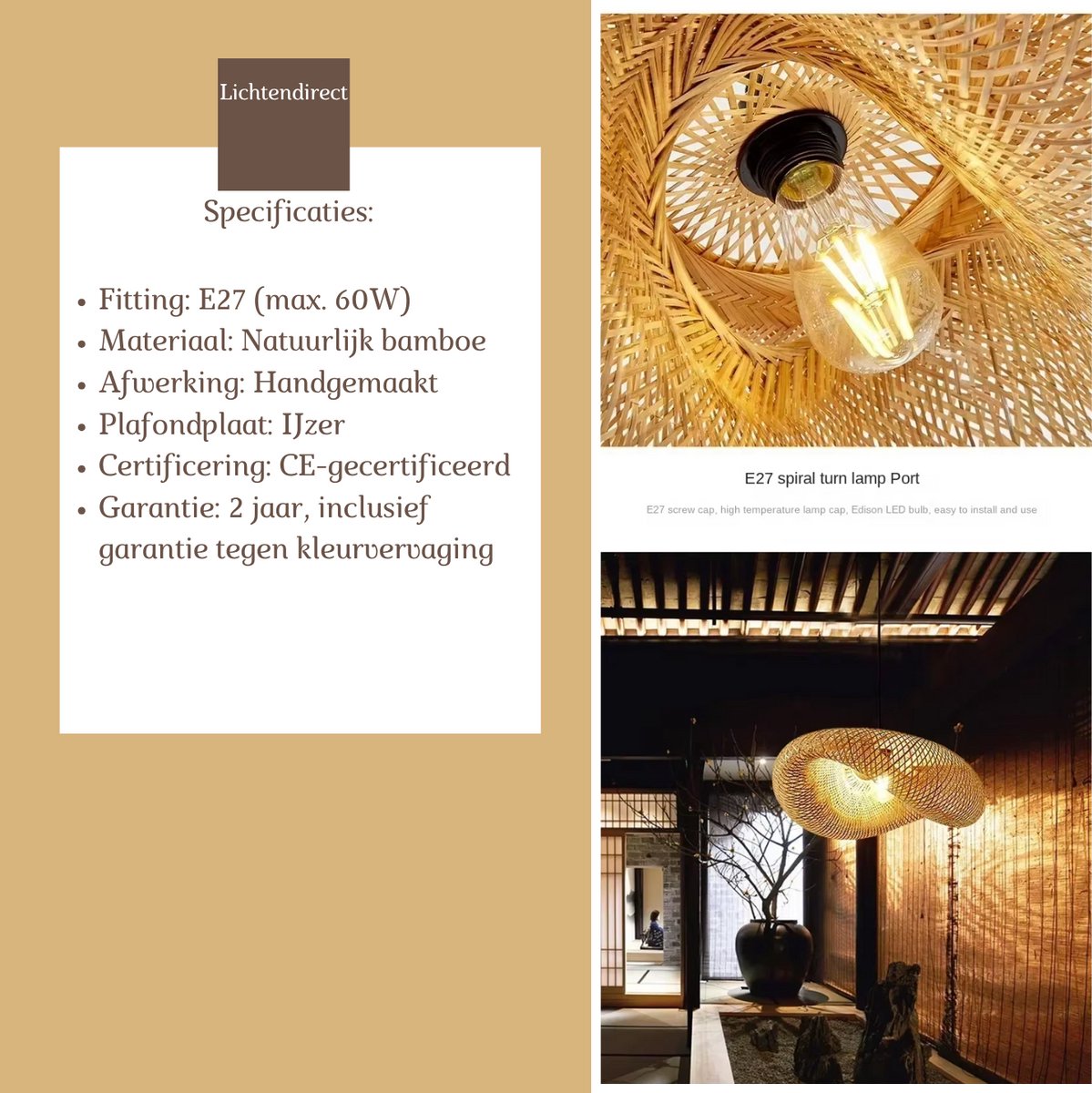 Duurzame plafondlamp van rotan en bamboe, geschikt voor elk interieur.