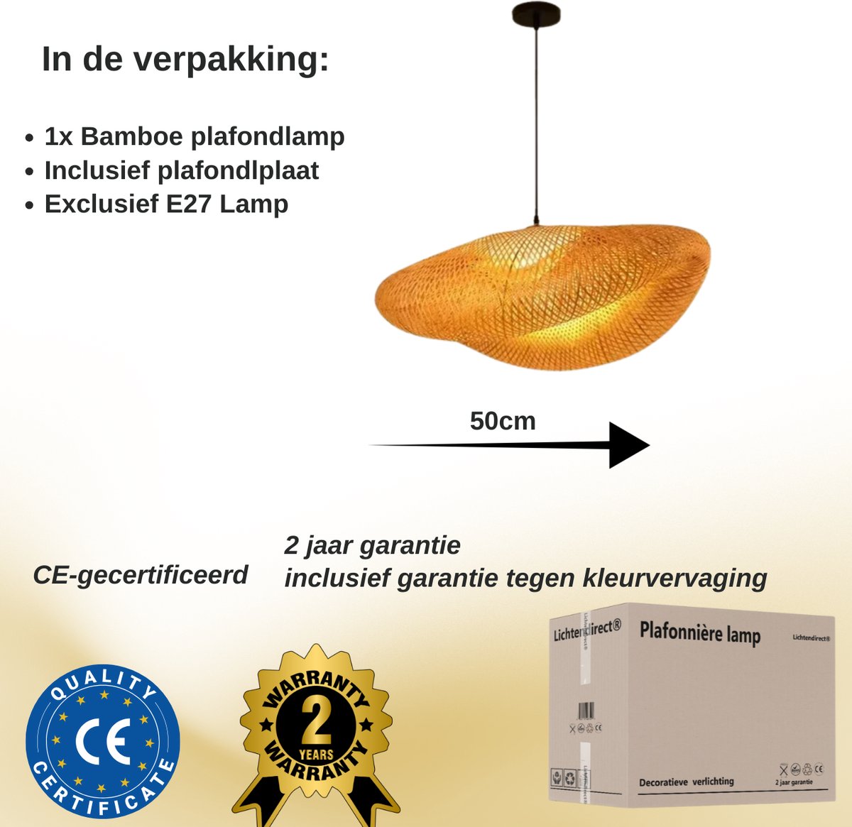 Natuurlijke bamboe hanglamp 50 cm diameter, handgemaakt voor warme verlichting.