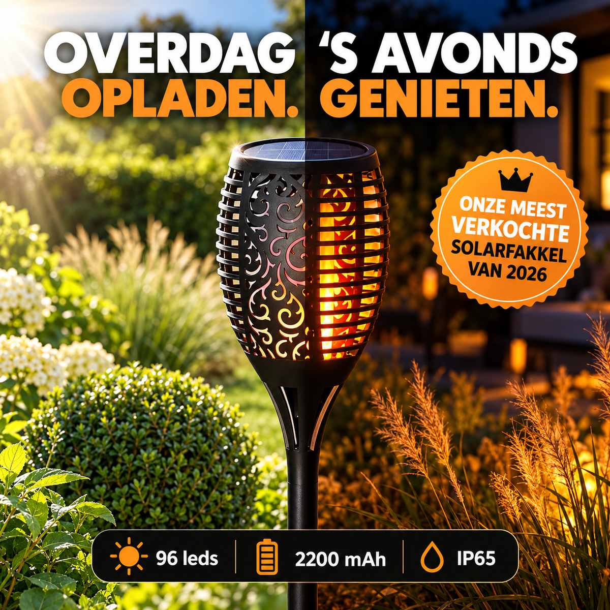 Vier solar tuinfakkels als sfeervolle tuinverlichting langs een tuinpad