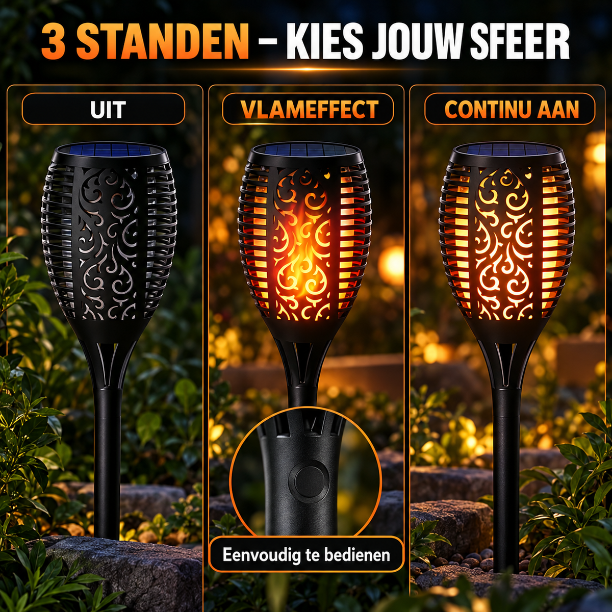 Solar fakkel met 96 LED’s en realistisch vlameffect in een tuinborder