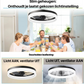 Ventilator en verlichting tegelijk aan in moderne leefruimte – elegante lamp met diamanten rand.
